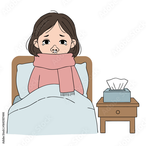 Illustration of a young woman suffering from a cold or flu, resting in bed with a runny nose and a box of tissues