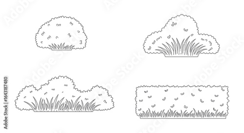 Set of hand drawn bushes and shrubs with grass outline illustrations