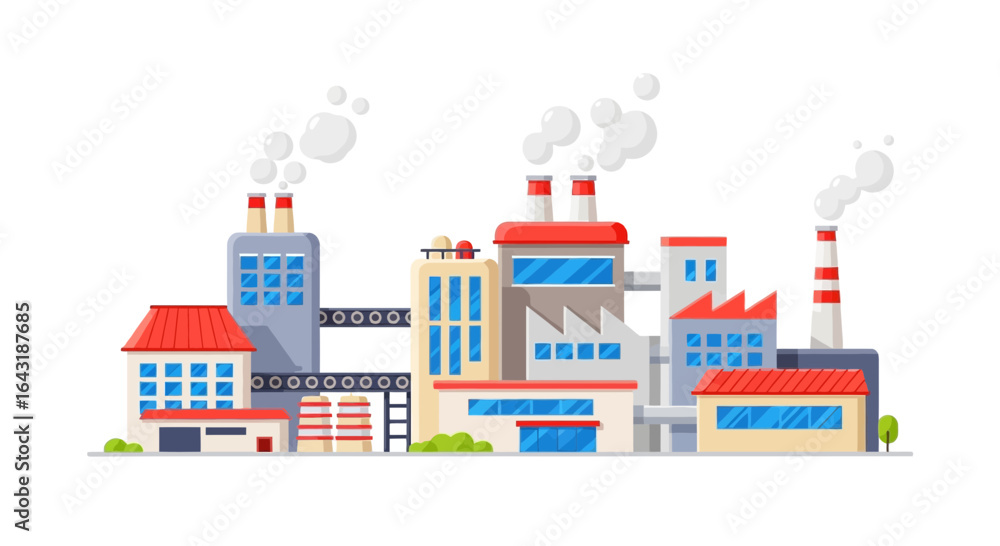 Obraz premium Detailed Cartoon Style Factory Landscape with Buildings and Chimneys Emitting Smoke