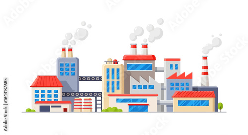 Detailed Cartoon Style Factory Landscape with Buildings and Chimneys Emitting Smoke