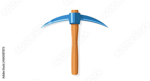 Illustration of a blue pickaxe with wooden handle for mining, construction or tool theme