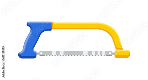 Illustration of a hacksaw with blue handle and yellow frame on white backdrop