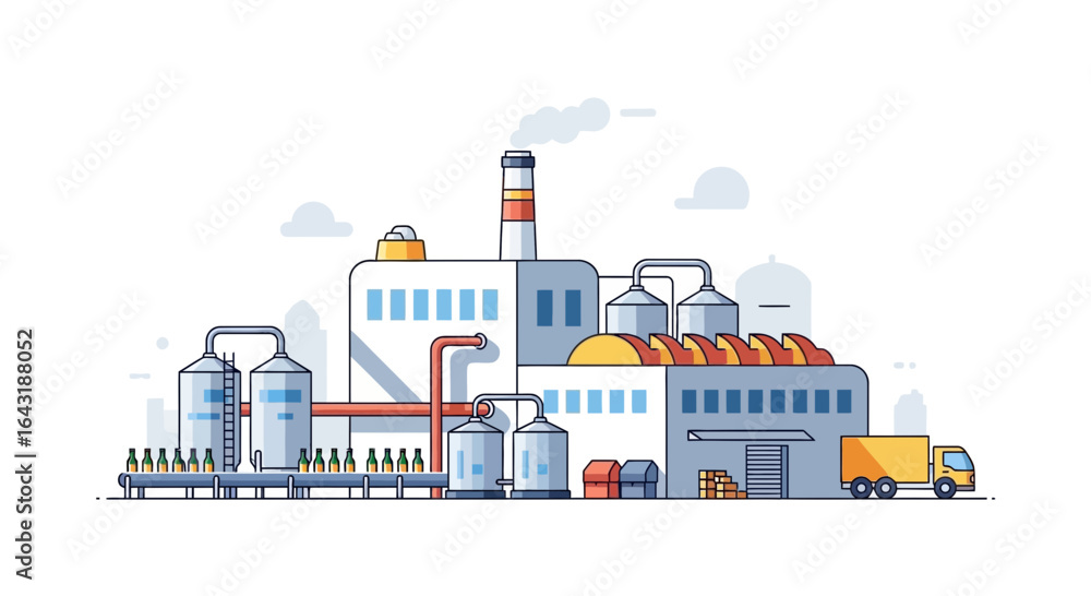 Obraz premium Illustrative depiction of a modern beverage factory production line system
