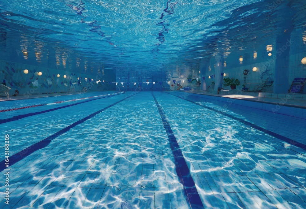 Obraz premium Underwater view of a public swimming pool. Sunlight reflects on the rippled water, illuminating lanes. Indoor pool with walls and ceilings visible. Calm, clean water