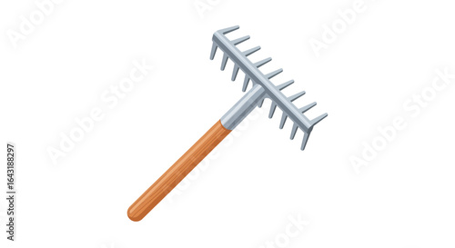 Isolated vector graphics of gardening metal rake with wooden handle