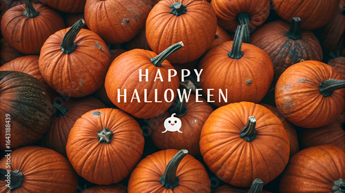 Happy halloween text overlay on a bountiful harvest of pumpkins