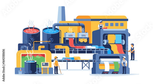 Stylized depiction of an industrial textile dyeing and processing factory