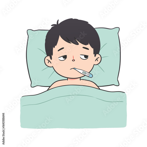 Cartoon illustration of a sick boy with a fever lying in bed, measuring his temperature with a thermometer to monitor his illness.