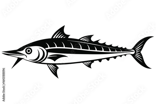 Elegant black and white silhouette showcases a fierce looking stylized swordfish illustration