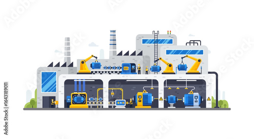 Vector Illustration of a modern factory and industrial facility with robots