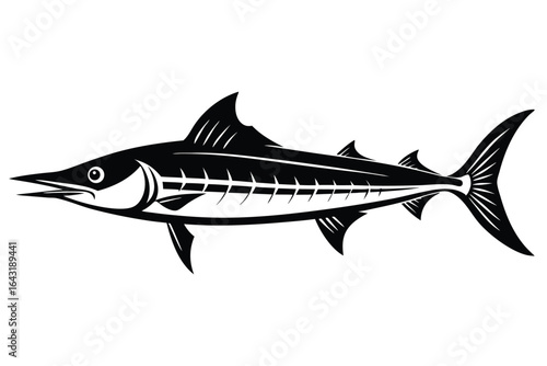Elegant monochrome marlin showcases unique body markings against a clean white backdrop