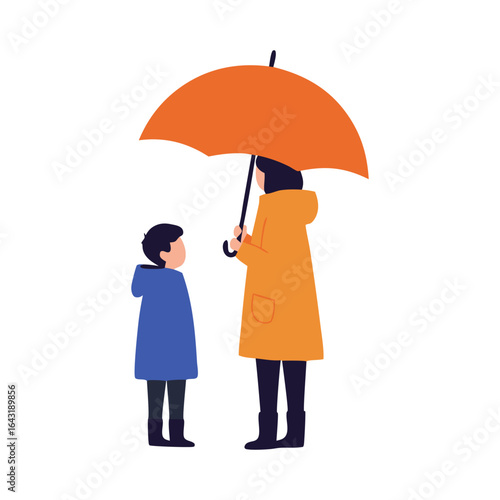 Illustration of a mother sheltering her child under an orange umbrella. A minimalist depiction of parental love and protection on a rainy day.
