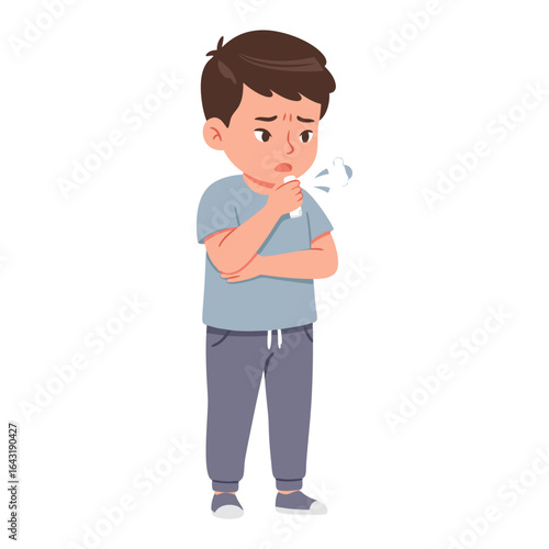 A sick young boy coughing and feeling unwell, a character illustration showing symptoms of a cold, flu, or respiratory illness.