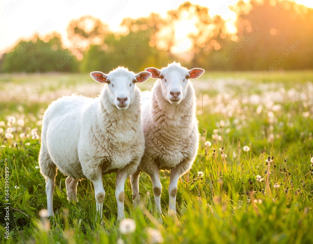 Obraz premium Two sheep in a field at sunset (1)