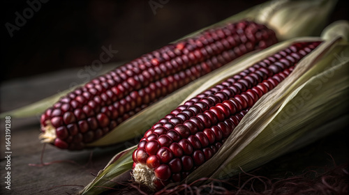 Two ears of ripe ruby red corn with husks on a rustic wooden surface