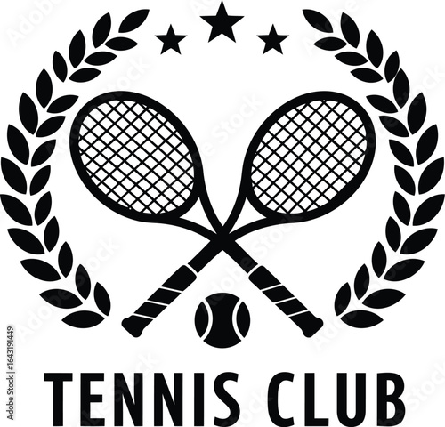 Tennis club emblem with crossed racquets and laurel wreath