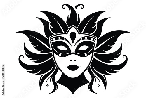 Ornate black venetian carnival mask features a feathered headdress and minimalist facial features