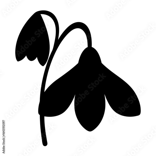 Simple silhouette of a beautiful snowdrop flower with two leaves stem