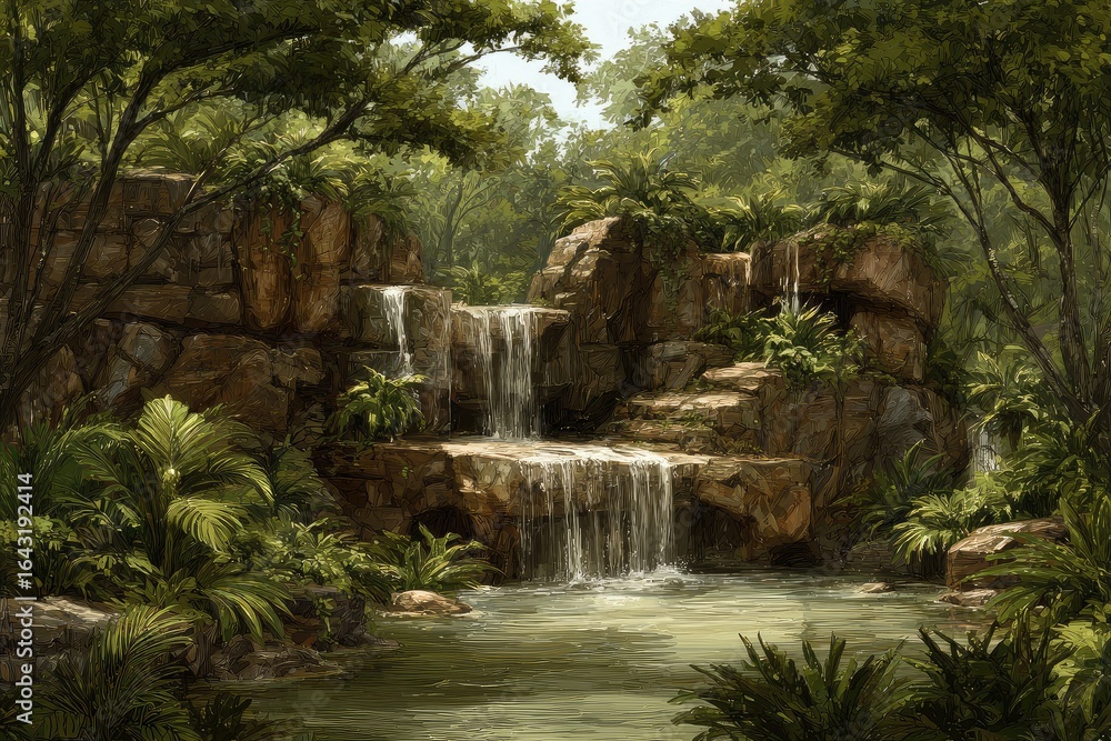 Fototapeta premium Lush waterfall cascading down rocky outcrops in a dense jungle