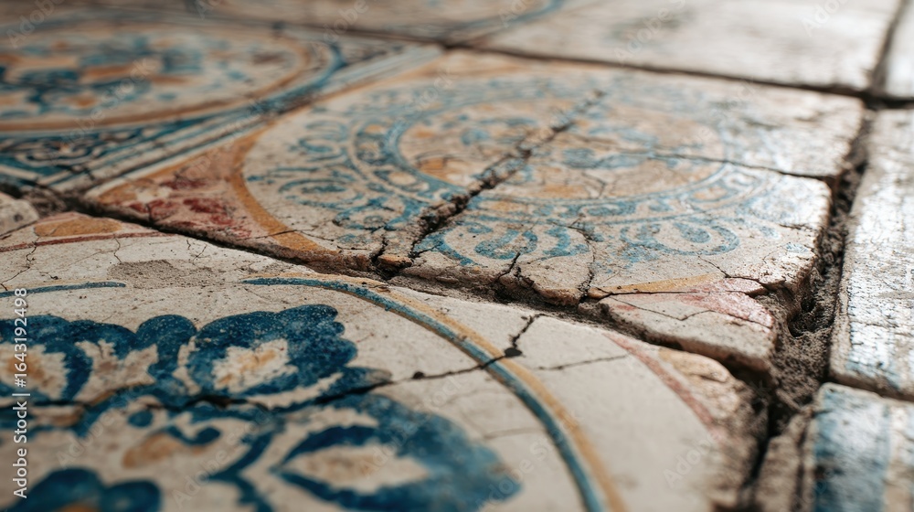 Naklejka premium Cracked aged patterned tiles surface in Europe. Focus on damage, background is blurry