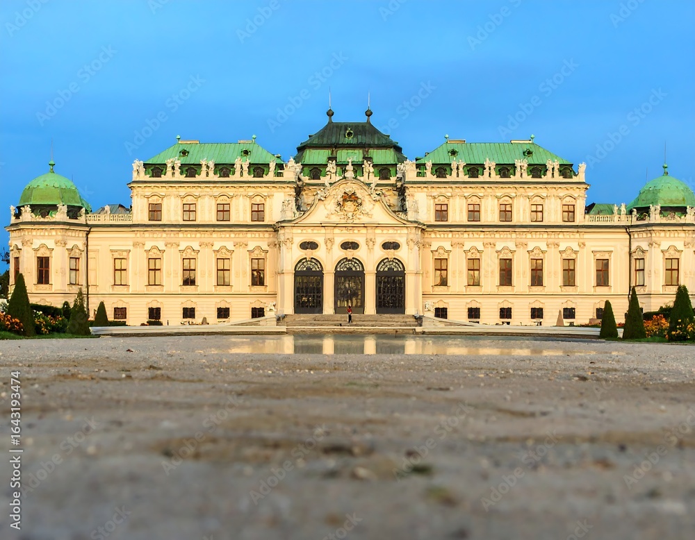 Obraz premium Grand palace with green roofs and symmetrical facade, reflecting in a still pool in front, under a clear sky