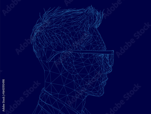 A low polygonal portrait of a man wearing glasses, featuring a geometric wireframe style against a solid blue background. The abstract design highlights sharp angles and clean edges.