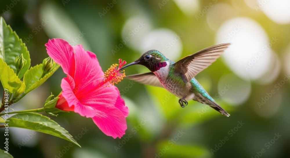 Naklejka premium Tiny hummingbird hovering near a bright pink hibiscus flower drinking nectar