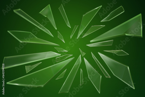 Realistic glass shards isolated on a green background.