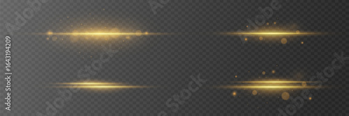 Golden light lines with sparkles and flares. On a transparent background