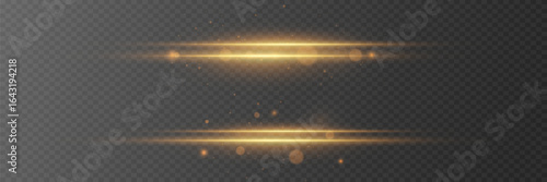 Golden light lines with sparkles and flares. On a transparent background