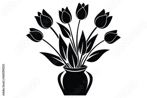 Monochrome tulip flowers bloom elegantly from a pot in a striking silhouette illustration
