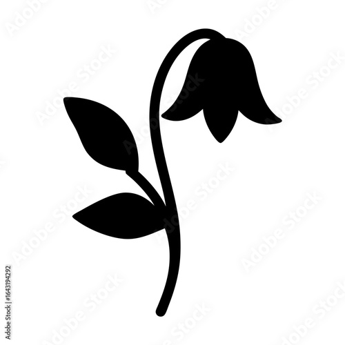Silhouette of a black bellflower on a winding stem with two leaves