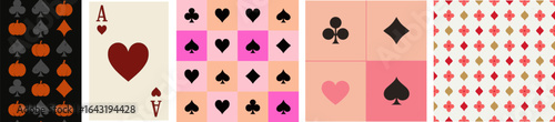 Set of playing card suit patterns, casino game icons and royal background.