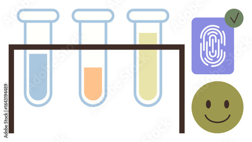 Test tubes filled with colored liquids on rack, fingerprint icon with verification checkmark, and happy face. Ideal for medical research, analysis, diagnostics, laboratory, health, identity
