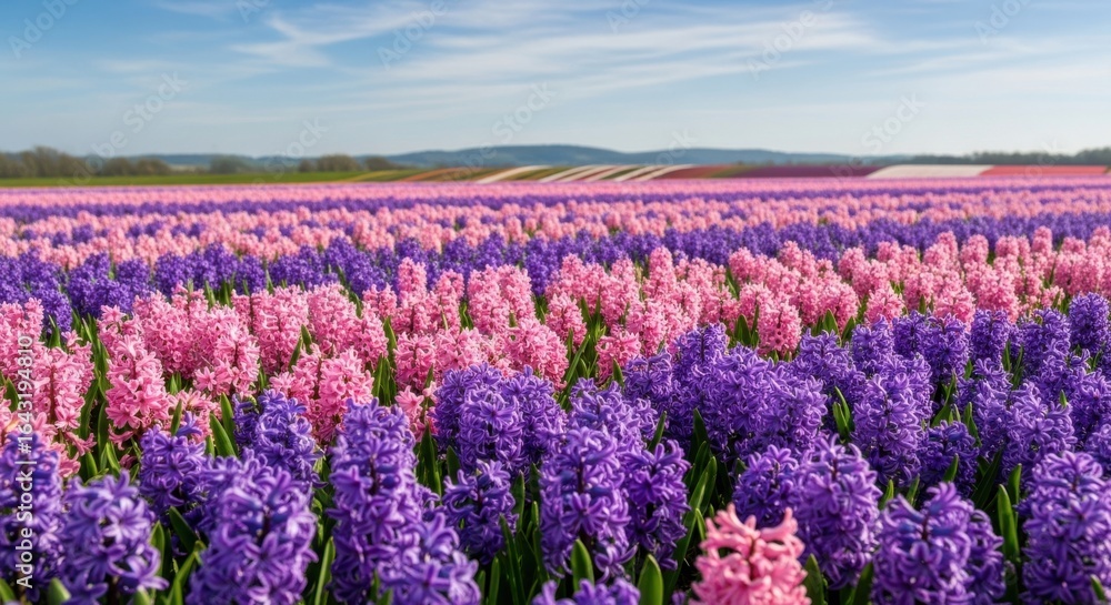 Fototapeta premium Vast expanse of blooming hyacinth flowers in vibrant shades of purple and pink under a clear blue sky