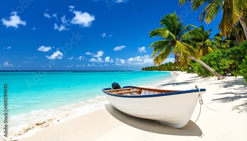Fototapeta Naklejka Na Ścianę i Meble -  Idyllic tropical beach scene; white boat on pristine sand, turquoise water, palm trees