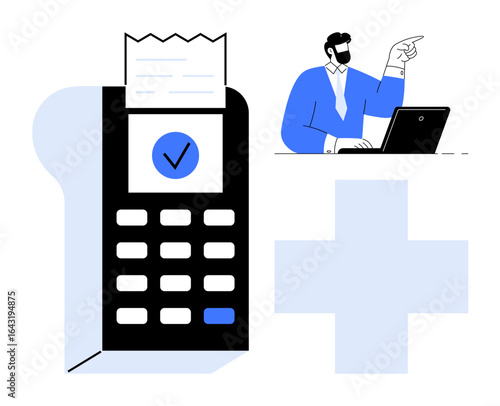 Card reader with receipt and checkmark symbolizes payment confirmation. Businessman gestures beside laptop. Ideal for payment, technology, business, finance, success, teamwork, simple flat metaphor