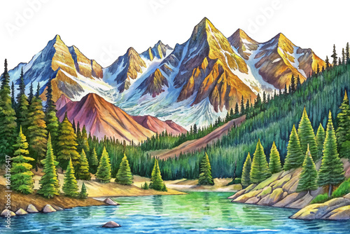 Rocky Mountains snow peaks, alpine lakes, evergreen forests, winding hiking trails, Colorado wilderness beauty