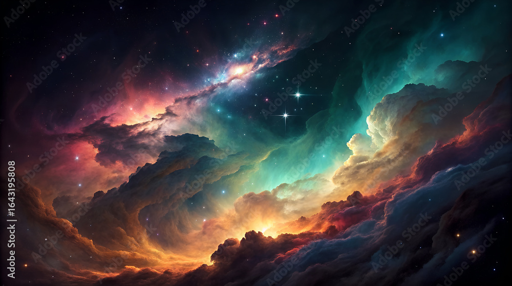 Fototapeta premium Vibrant cosmic nebula with starry expanse and swirling colors