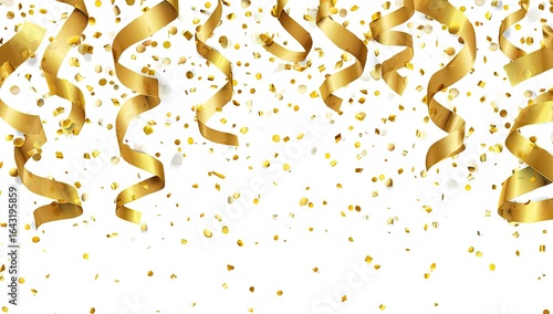 Gold confetti and streamers on white background (8)