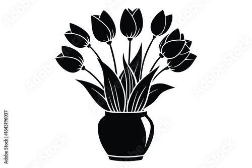 Monochrome drawing shows a beautiful vase holding a bouquet of many tulips on white