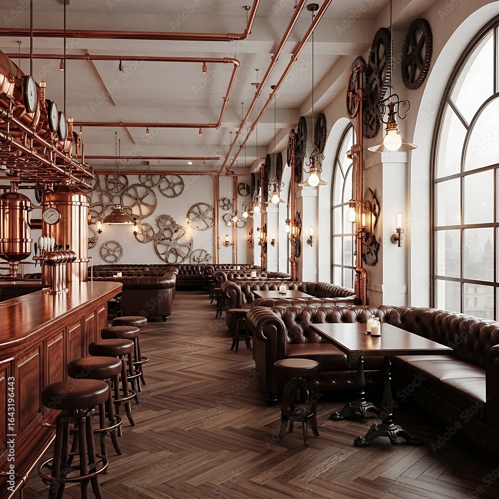 Naklejka premium The interior of a bar or restaurant with an elaborate steampunk theme, featuring copper pipes, a wall of gears, and tufted Chesterfield sofas. A vintage, industrial, and fantasy-inspired design.