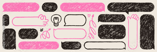 Crayon text box and element set. Hand drawn speech bubble with charcoal texture. Vector grunge shape and sticker.