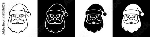 Four variations of a Santa Claus head icon: line art, white fill, black fill, and inverse.