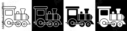 Simple black and white outline illustrations of toy trains.