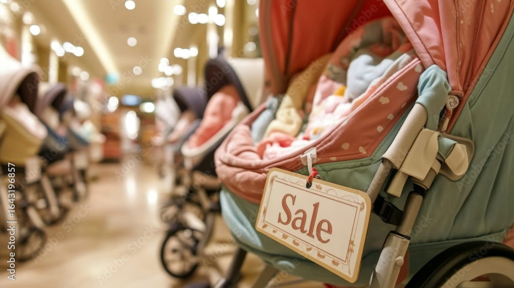 Naklejka premium A row of strollers with a sign that says 