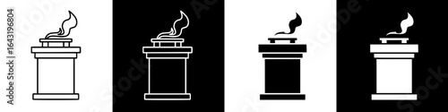 Four variations of a burning flame on a pedestal, in black and white.