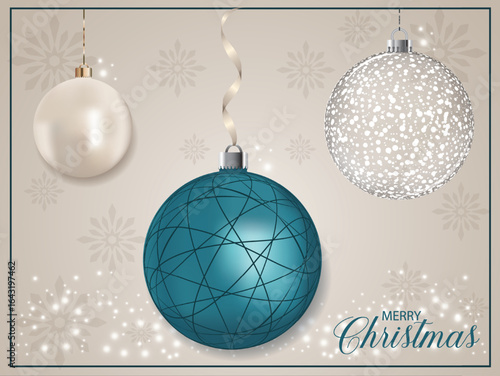 A blue pearly holiday bauble with a line pattern, placed on a background with snowflakes.