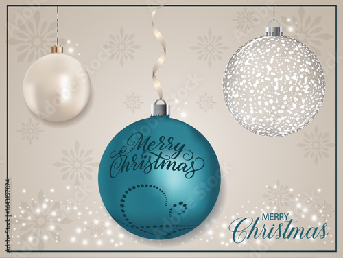 A blue pearly ornament with a Christmas blessing and a stylish decorative pattern.