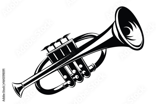 illustration portrays an elegant black trumpet with intricate swirling designs, set against a white background